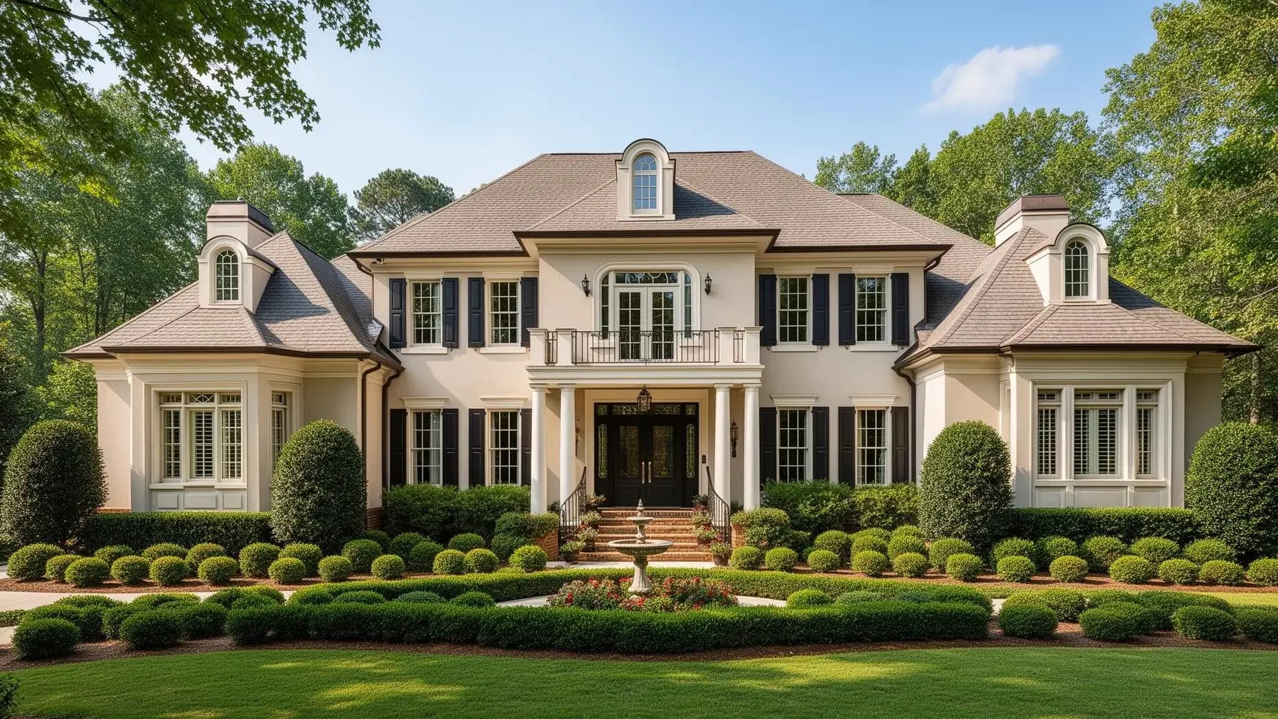 Luxury Alpharetta home exterior with manicured landscaping