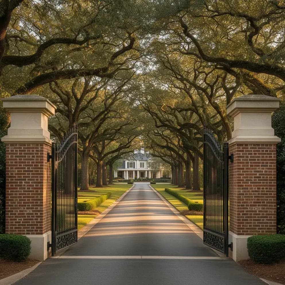 Tree-lined private street in Buckhead, Atlanta showcasing the district's gated and secure residential neighborhoods