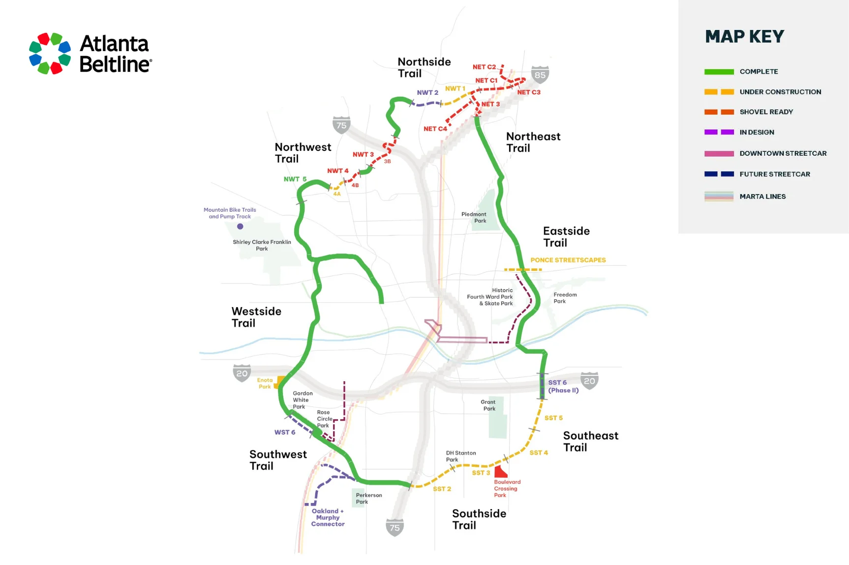 Atlanta BeltLine expansion map showing Southside and Westside trail construction progress and 2026 completion targets
