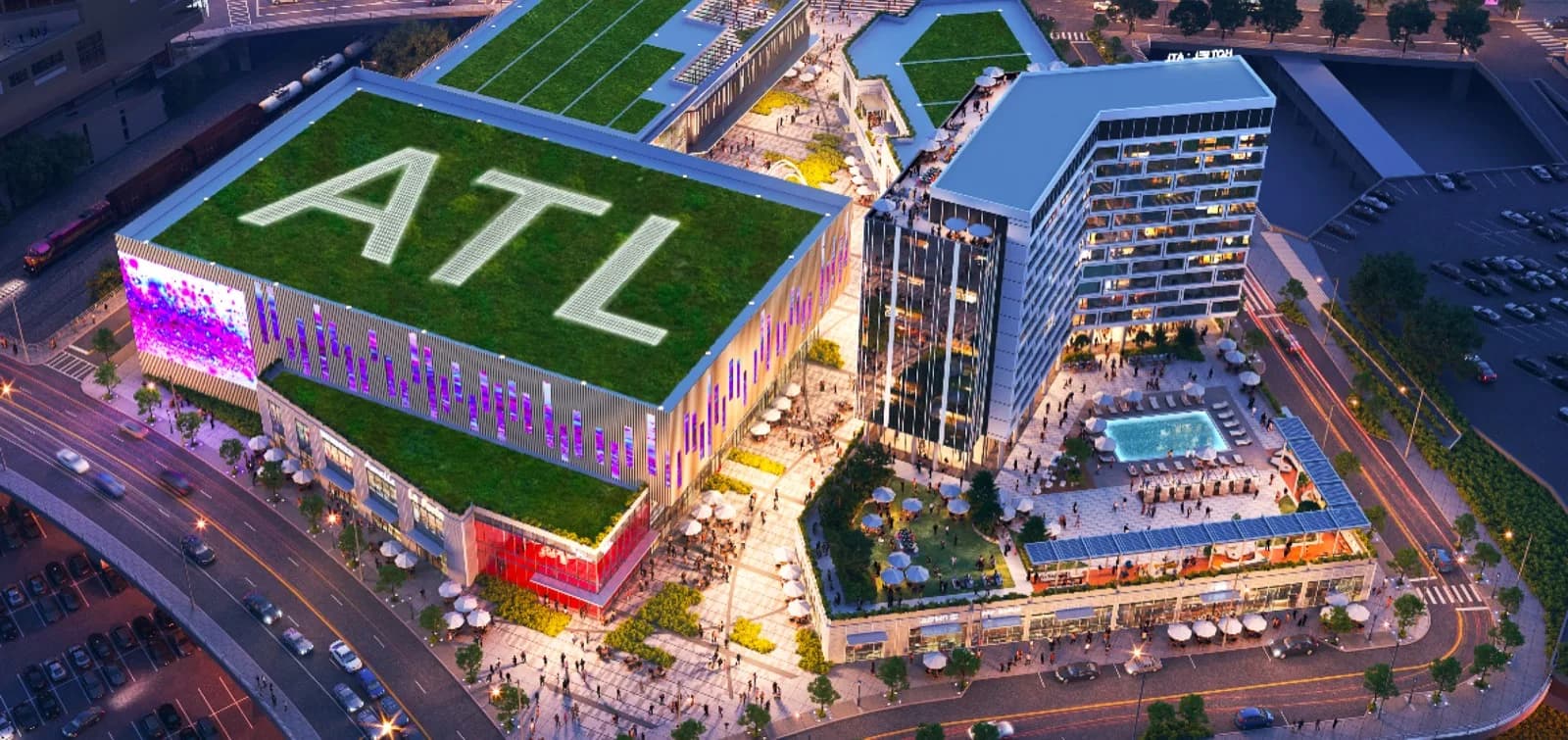 Centennial Yards Atlanta Gulch development rendering showing mixed-use towers, retail spaces, and urban park near State Farm Arena