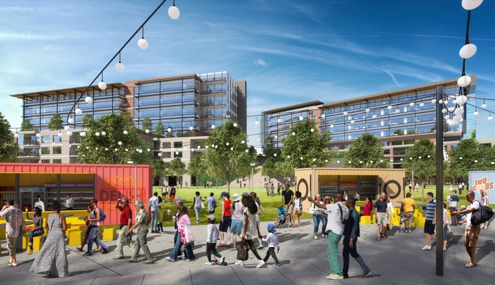 Quarry Yards Atlanta 70-acre mixed-use development rendering in Grove Park showing retail, restaurants, and community green space near Westside Park