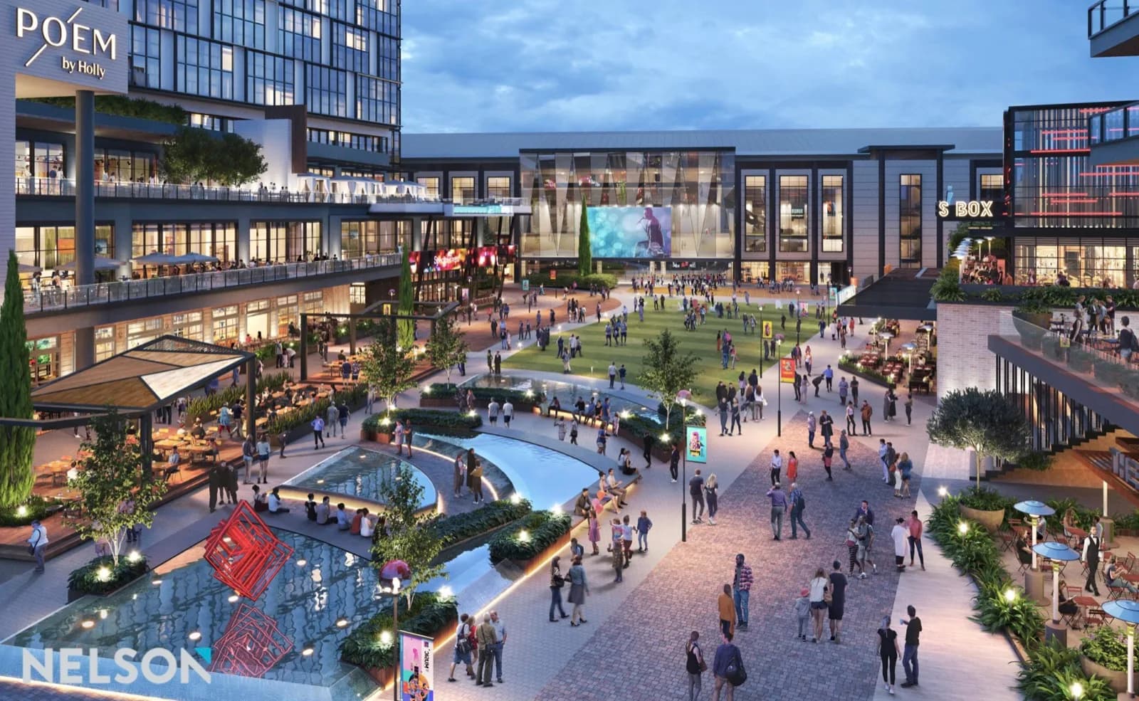 The Gathering at South Forsyth arena district rendering showing 18,000-seat NHL-ready venue with surrounding entertainment and residential development
