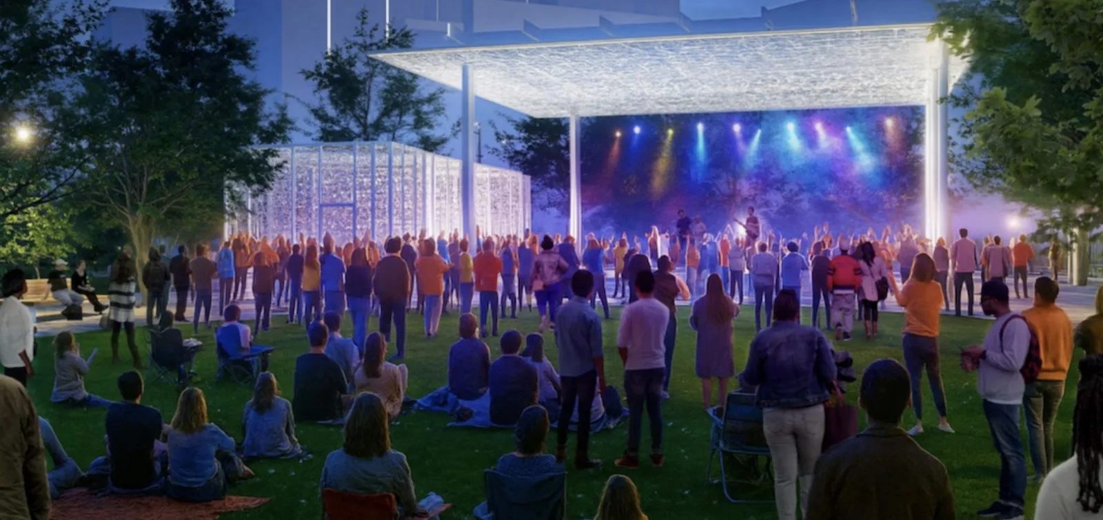 The Stitch Atlanta highway cap park rendering showing 14 acres of green space covering the Downtown Connector between Midtown and Downtown