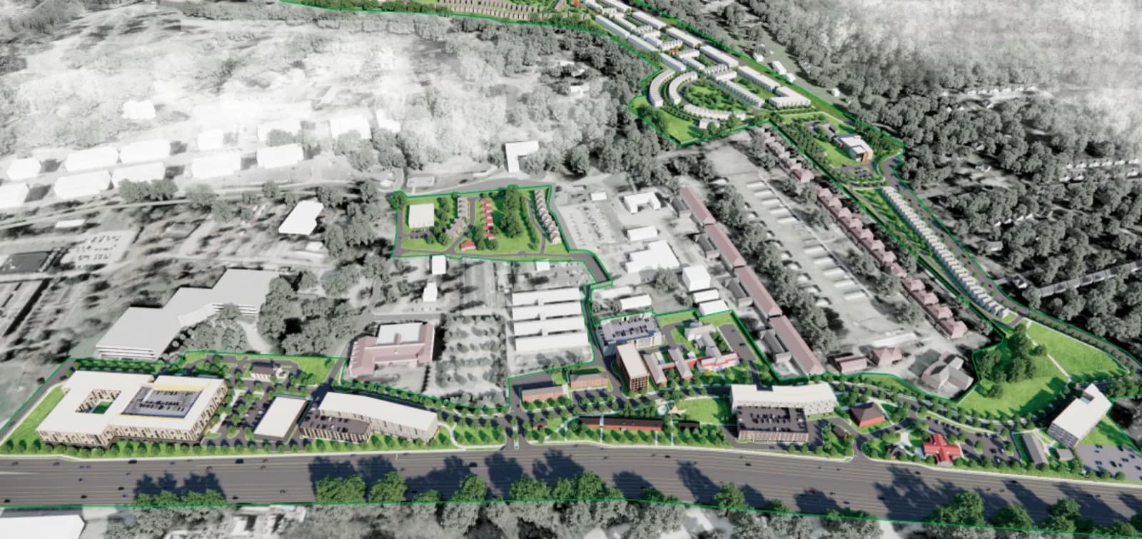 Tyler Perry Studios Fort McPherson expansion rendering showing the 330-acre film production campus and proposed entertainment district in Southwest Atlanta