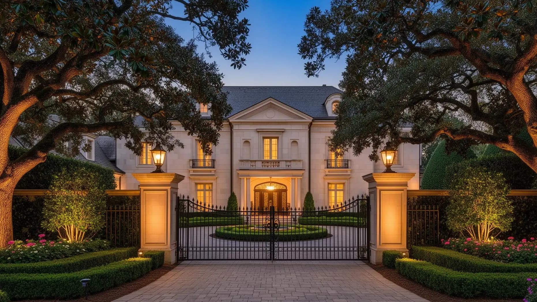 Grand Buckhead estate at twilight showcasing Atlanta's premier luxury neighborhood