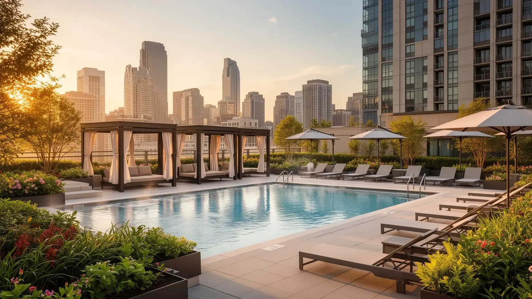 The Dillon resort-style pool deck with Atlanta skyline