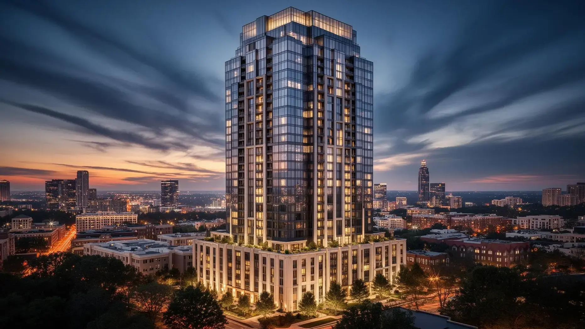 Luxury condominium building at twilight in Buckhead, Atlanta