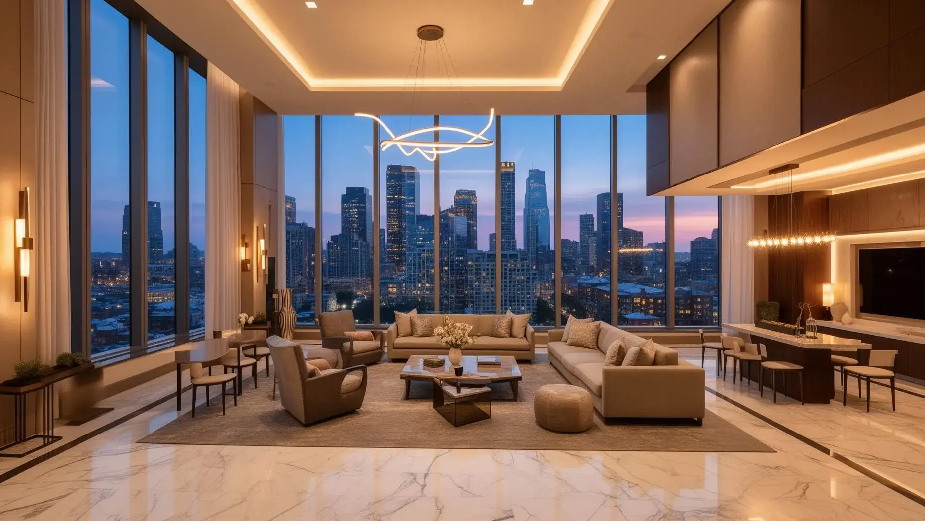 Sovereign Buckhead luxury living room with panoramic Atlanta skyline views