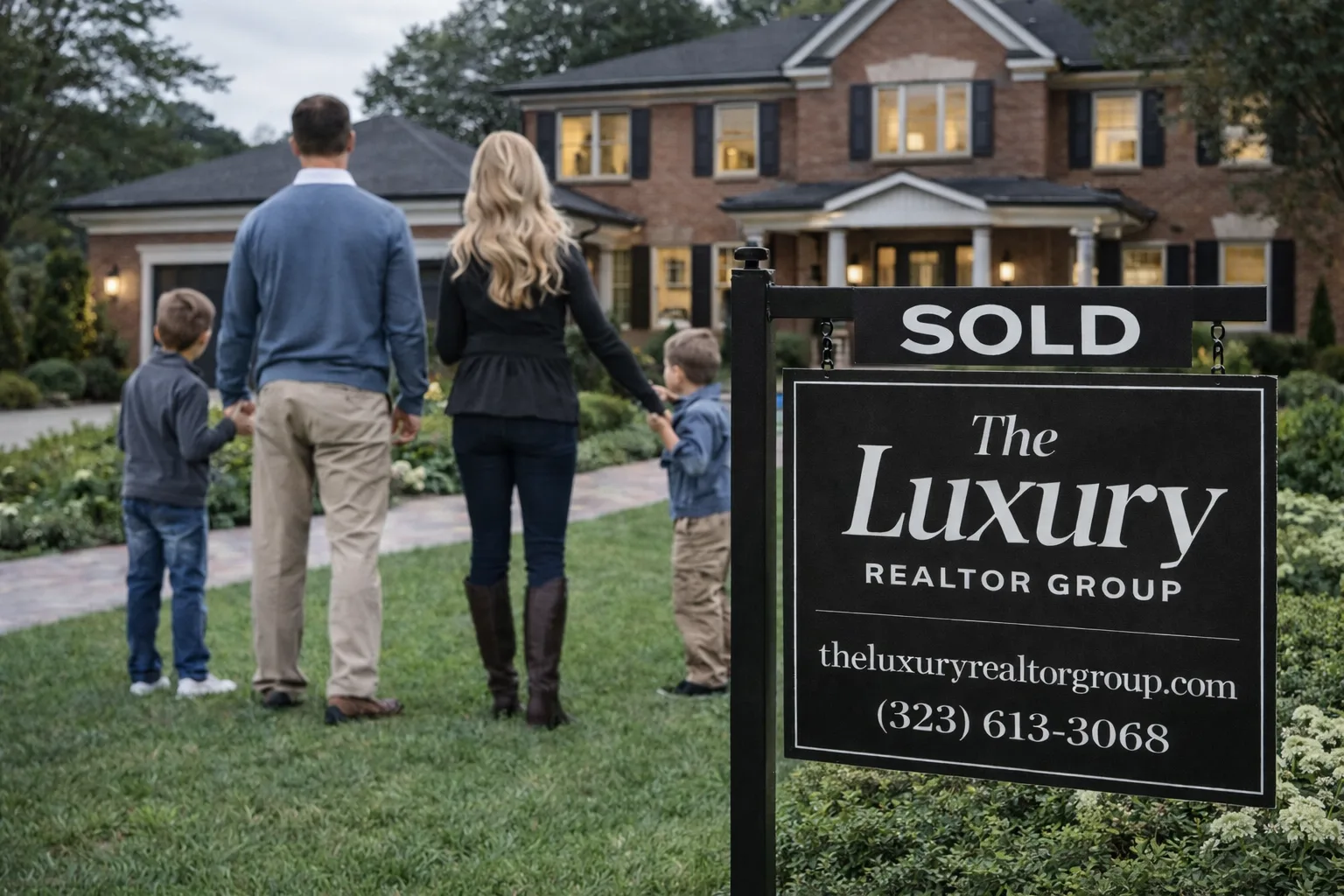 Family standing in front of their new Woodstock home with SOLD sign