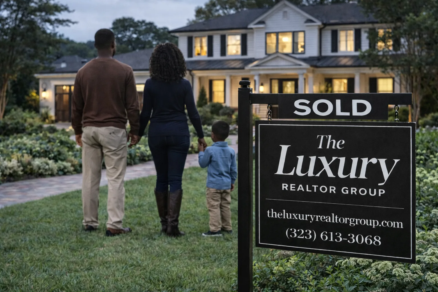 Family viewing their new Atlanta home with The Luxury Realtor Group SOLD sign