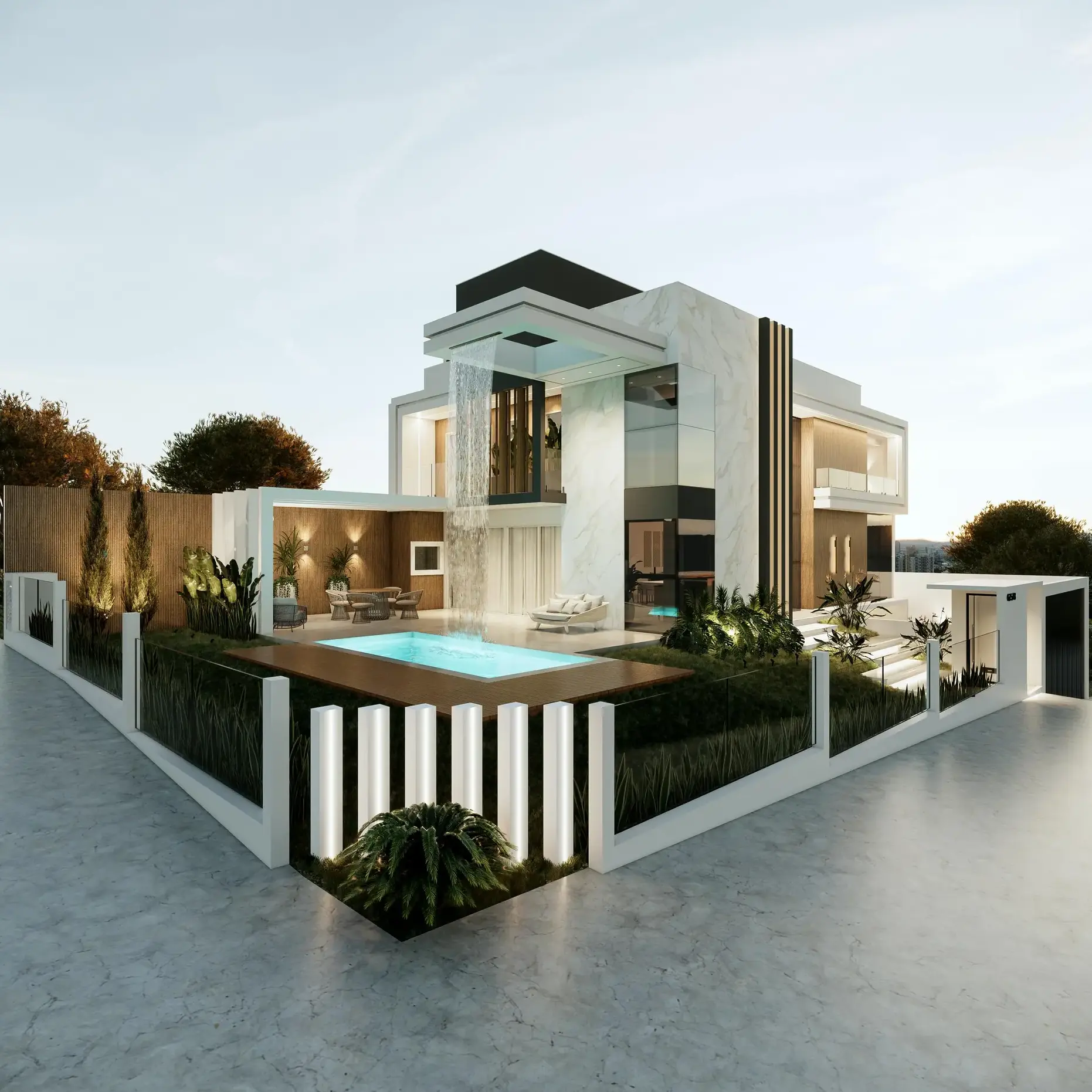 Luxury Roswell home with pool at twilight