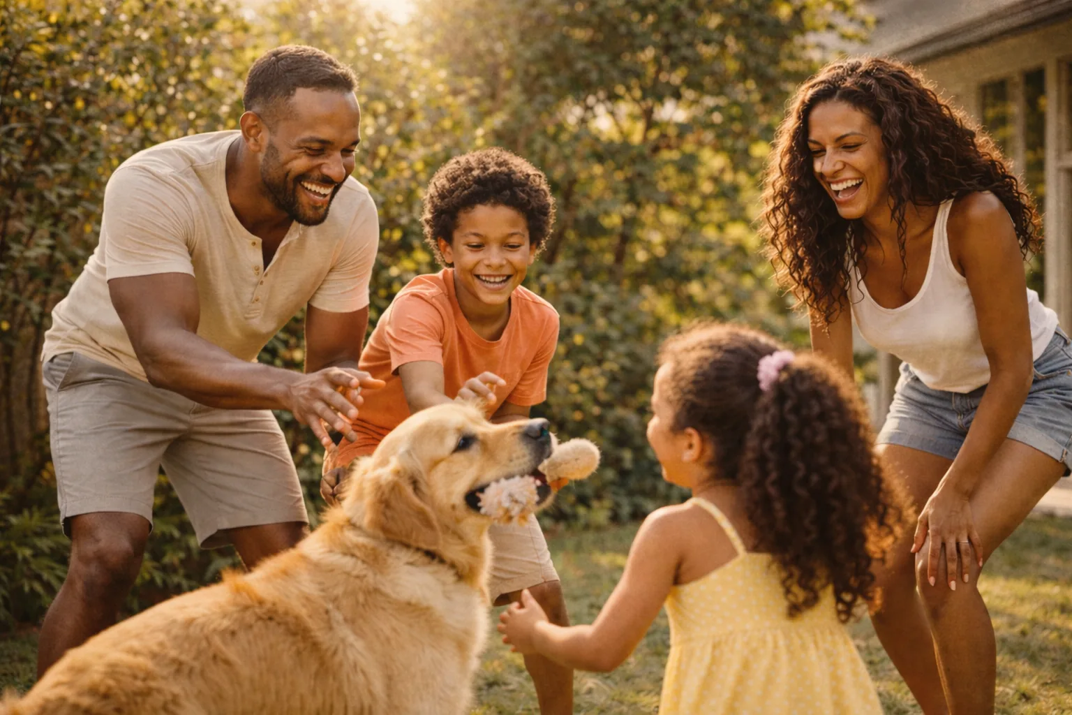 Happy Atlanta family with kids and dog enjoying their new backyard