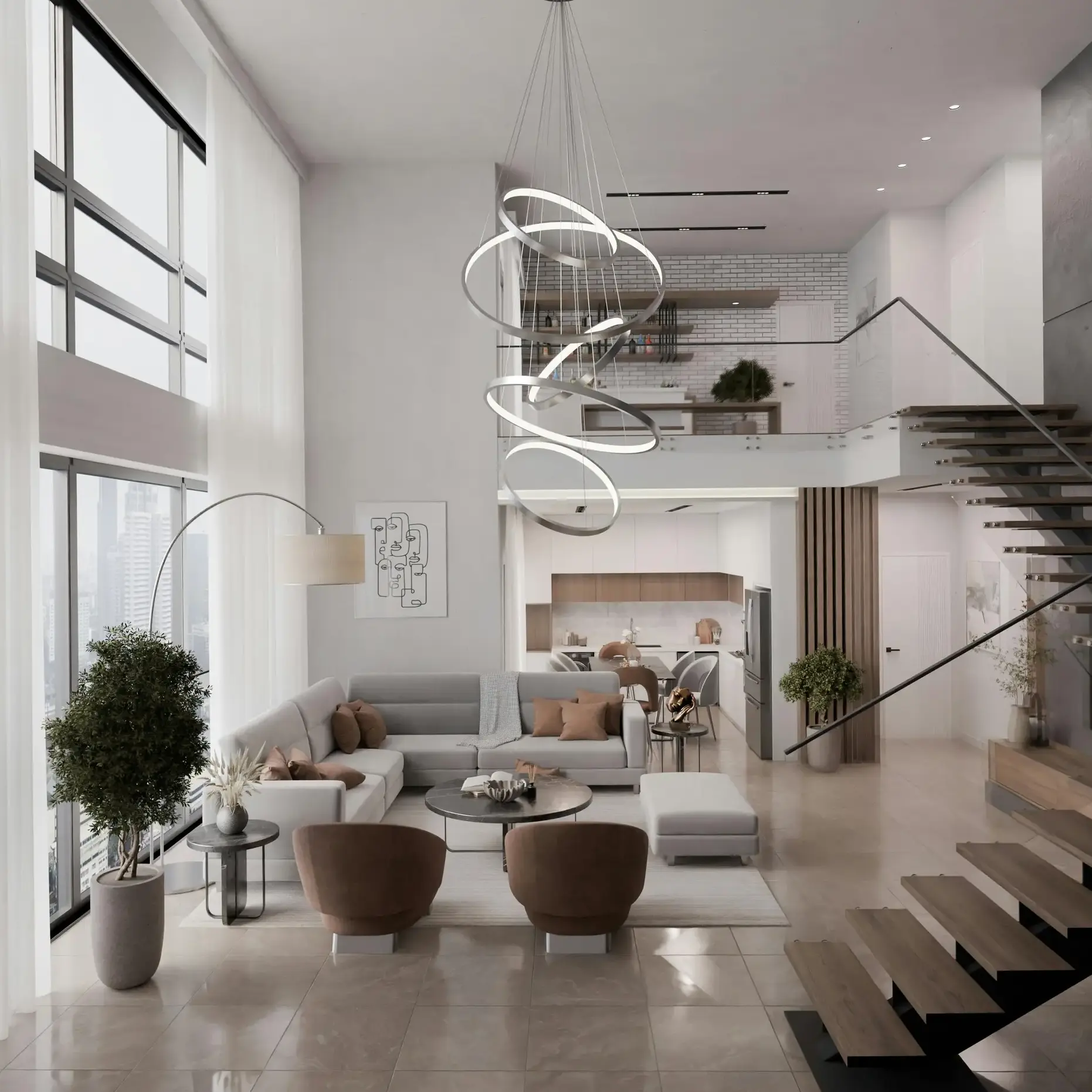 Double-Height Living Room Double-height living room with marble feature wall and modern furnishings