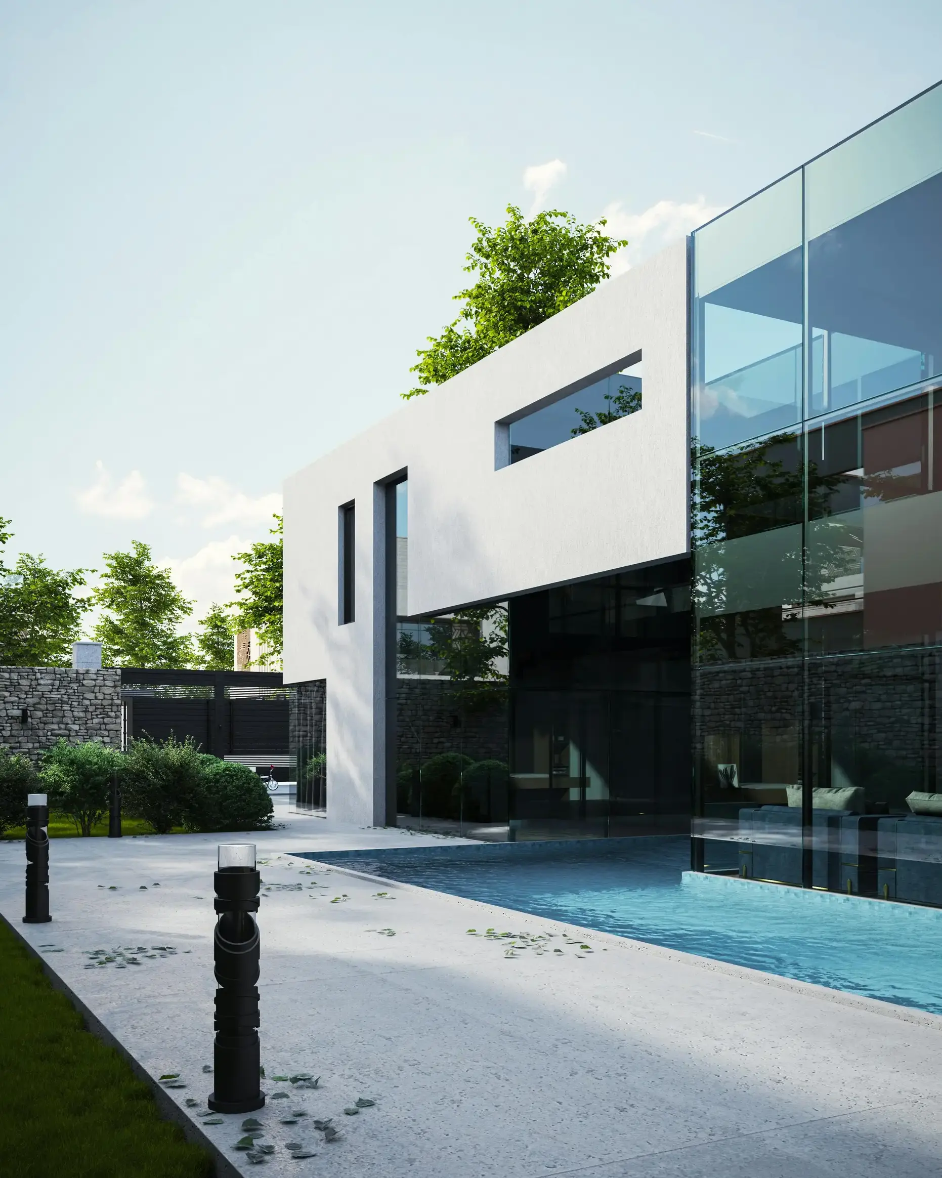 Luxury home with water features and infinity pool at dusk