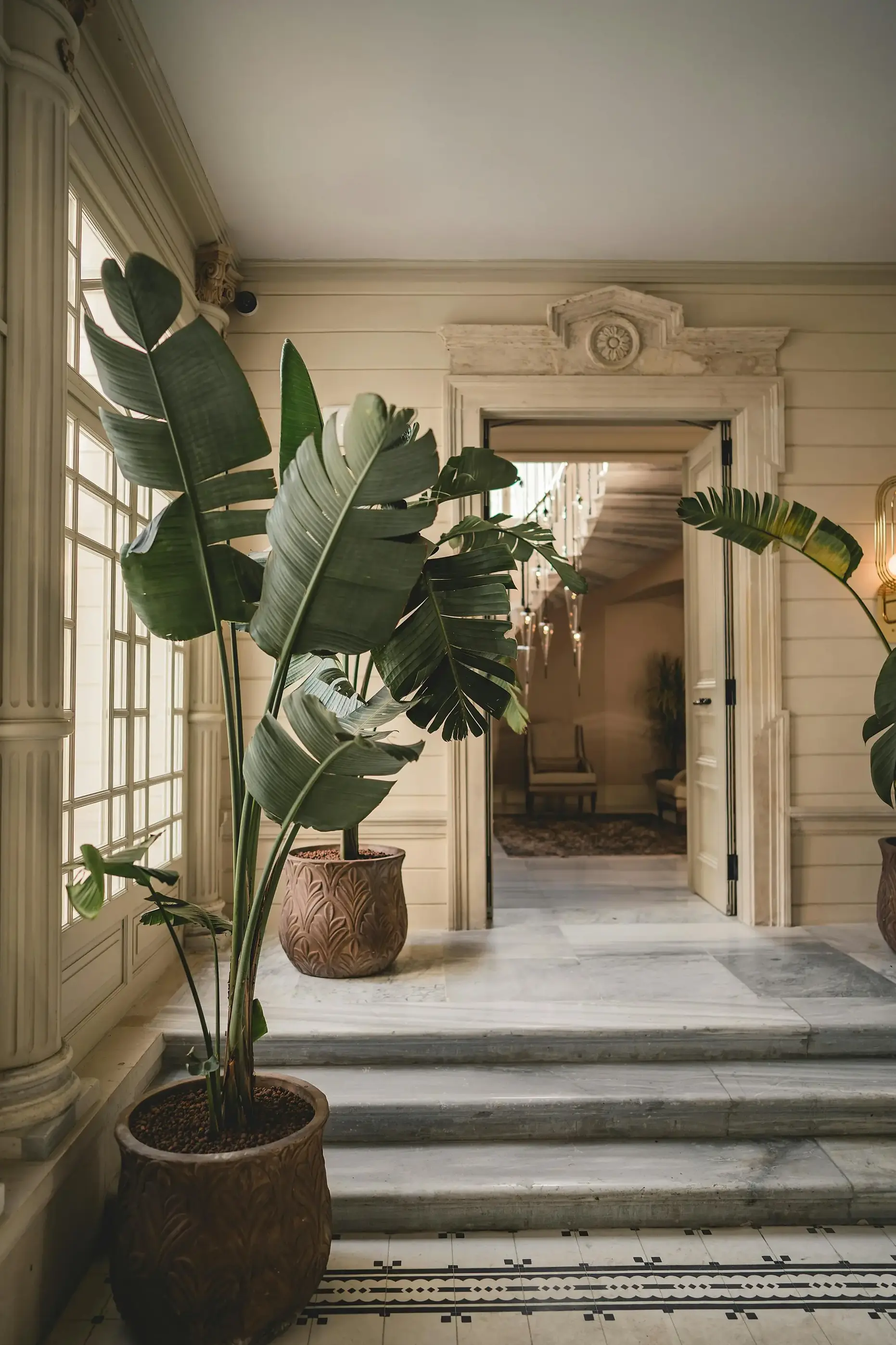 Grand Foyer with Marble Floors Elegant foyer with marble floors, tropical plants and classical architectural details
