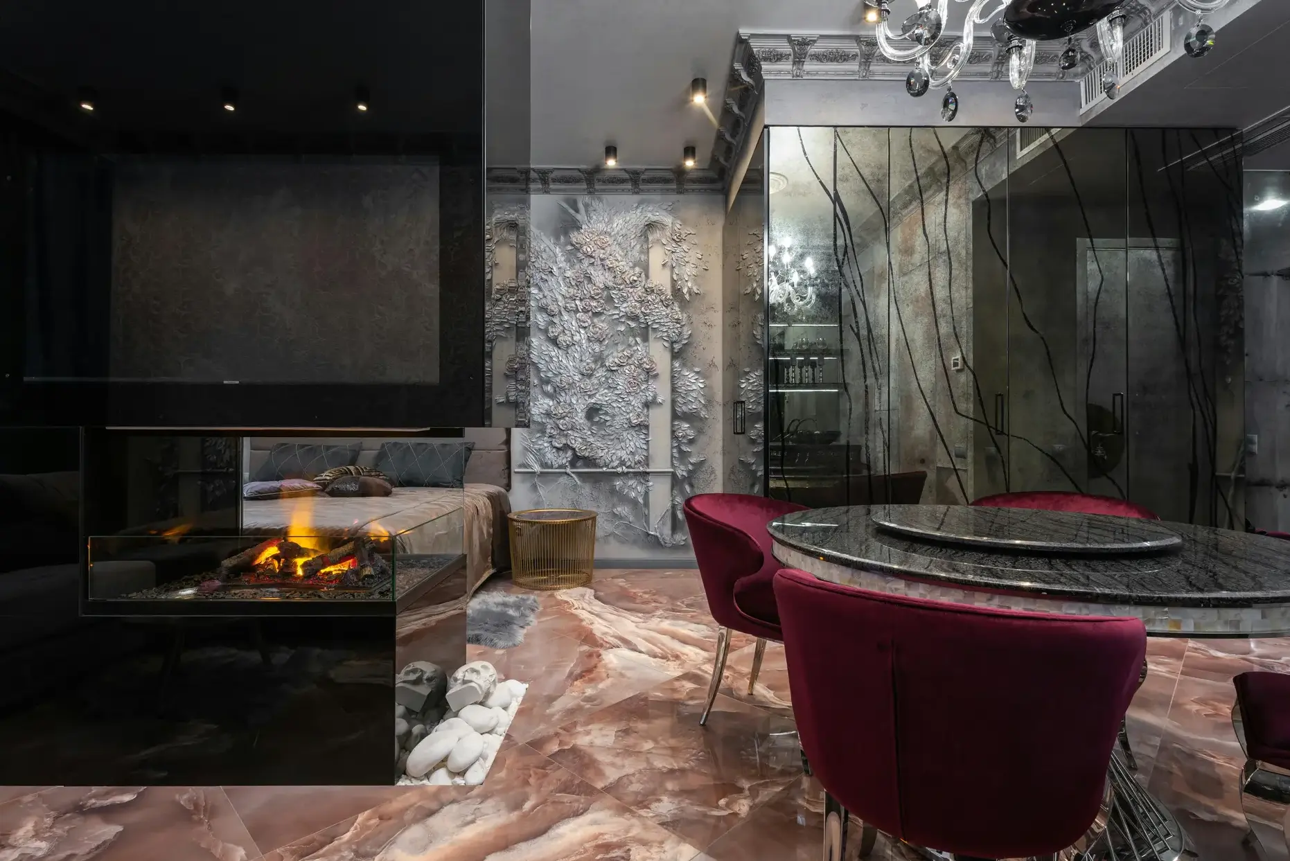 Luxury living room with marble fireplace in an Atlanta estate home