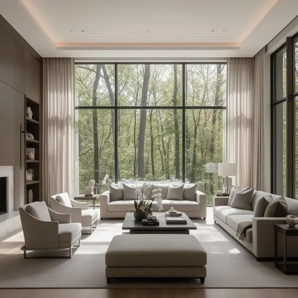 Midcentury modern living room with fireplace in Virginia-Highland home