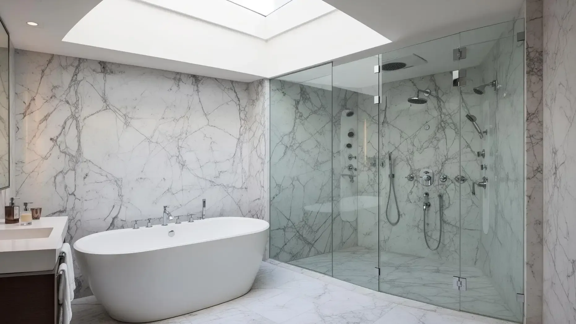 Luxury spa bathroom with marble surfaces and premium water fixtures