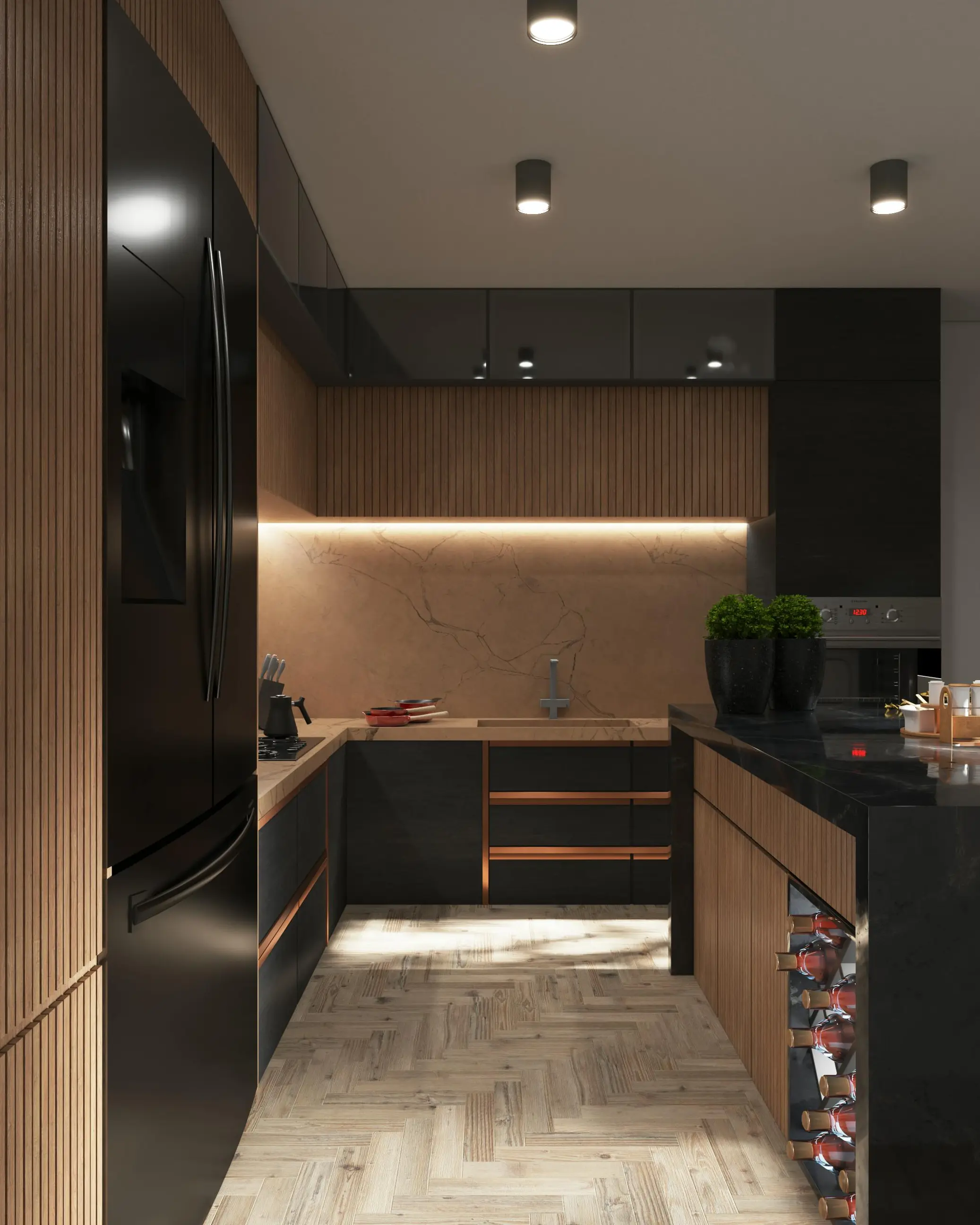 Modern luxury kitchen with dark cabinets, warm wood accents, marble backsplash and LED under-cabinet lighting