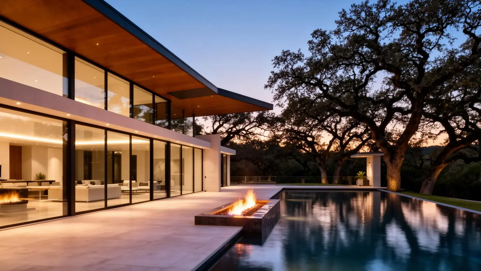 Modern Buckhead estate at dusk with architectural lighting