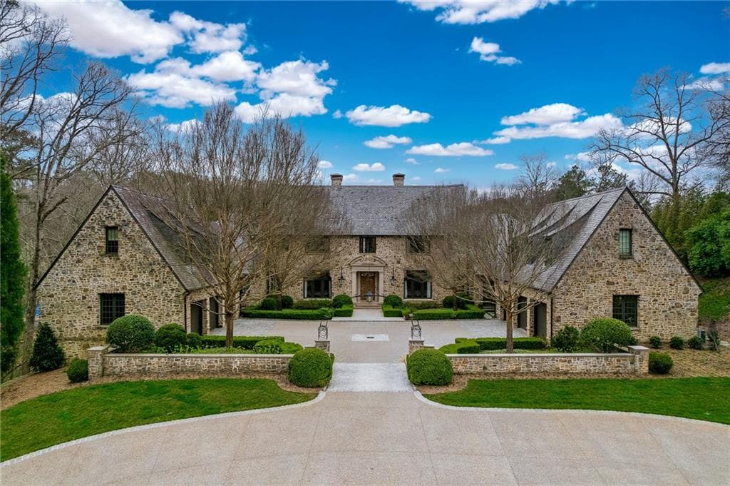 Harris Trail Buckhead French country stone manor with formal courtyard entry