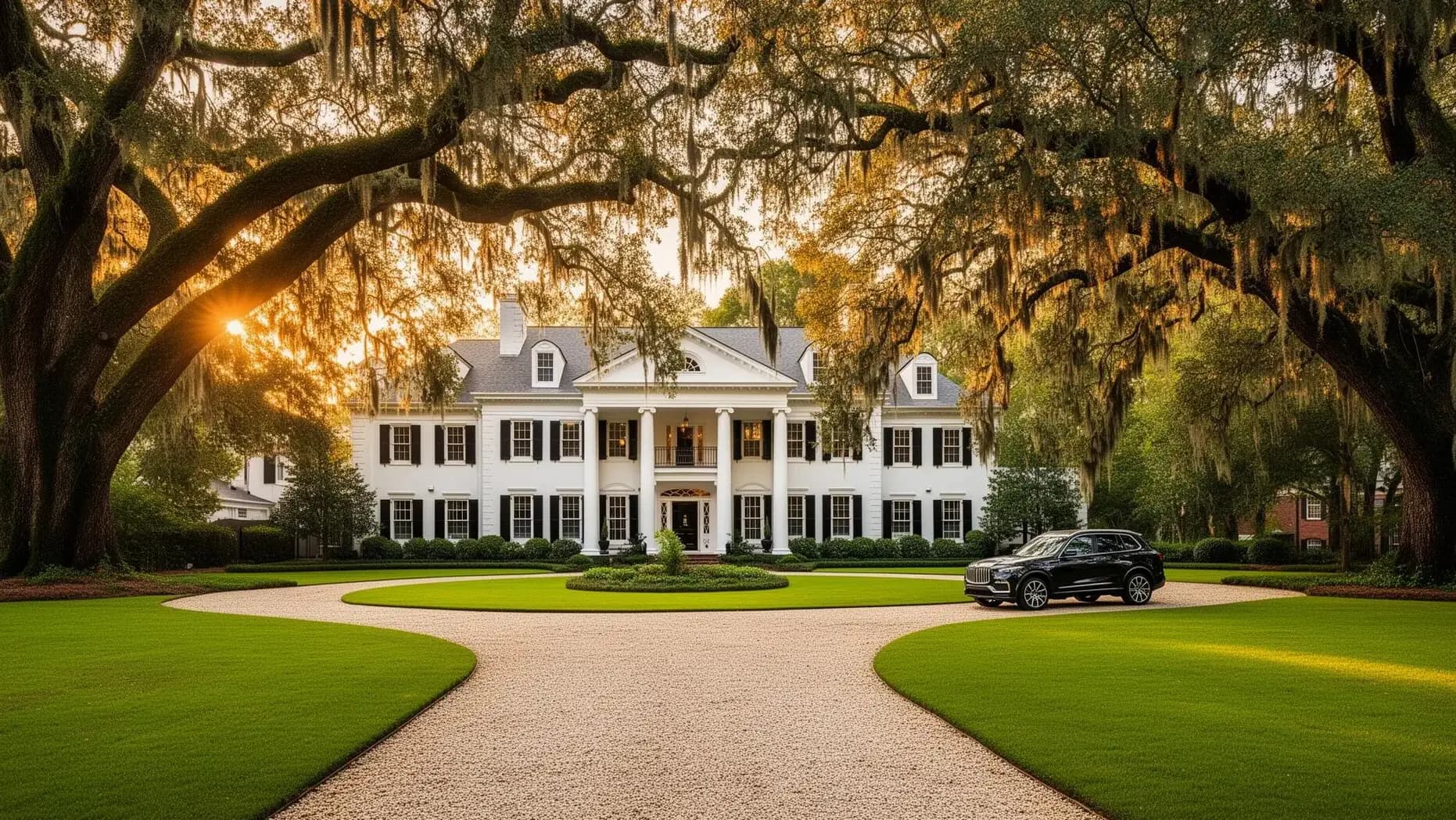 Luxury Atlanta estate home at golden hour