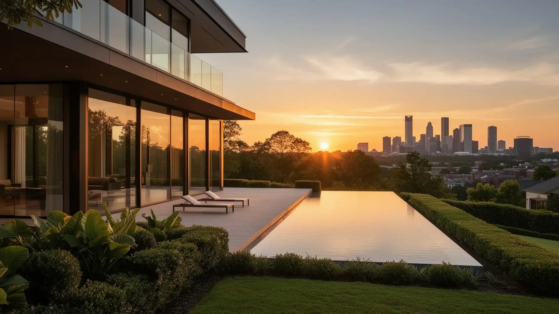 Modern Atlanta luxury home overlooking the Midtown skyline at golden hour
