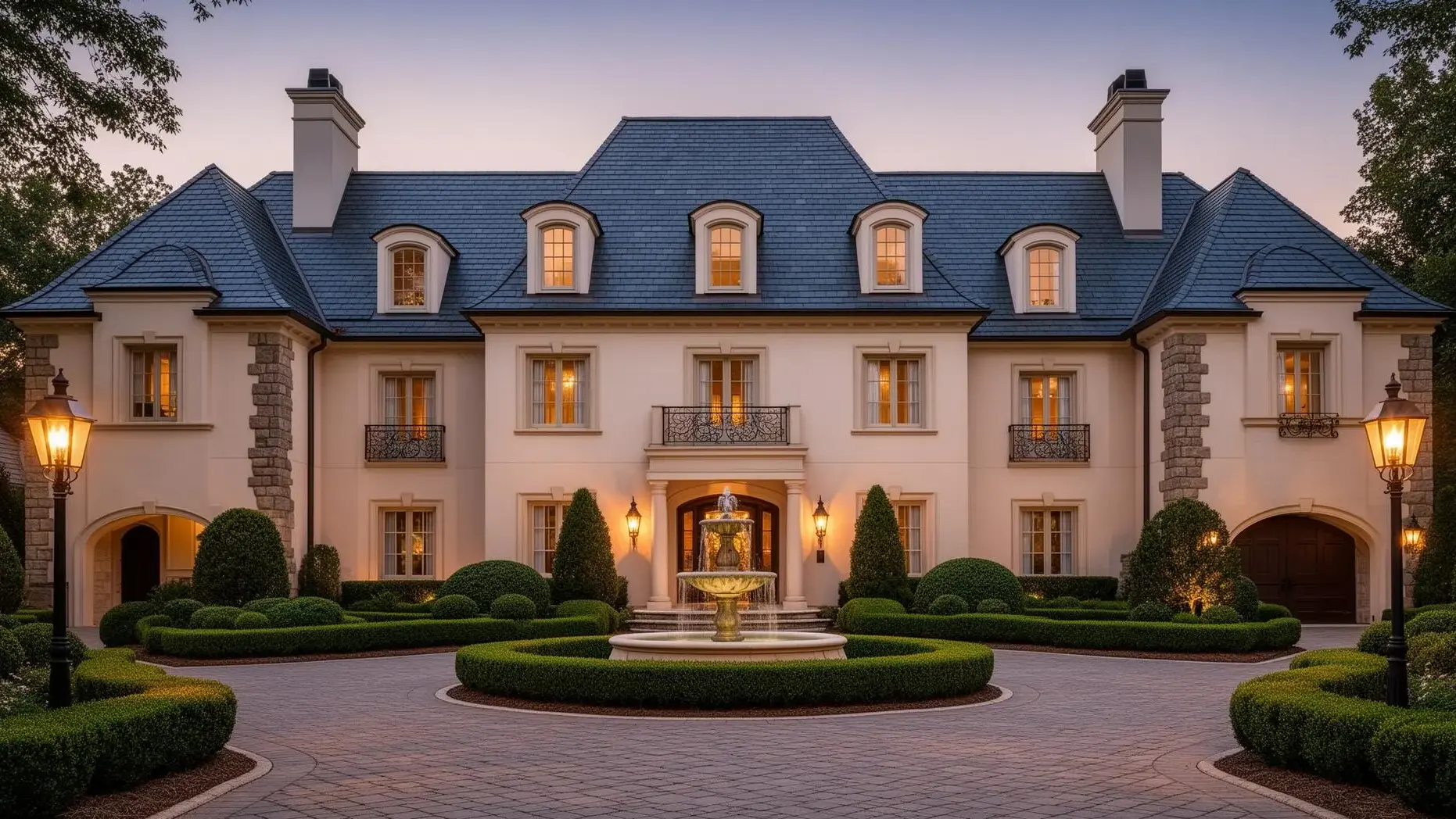 French-provincial estate with a fountain in Johns Creek, Atlanta
