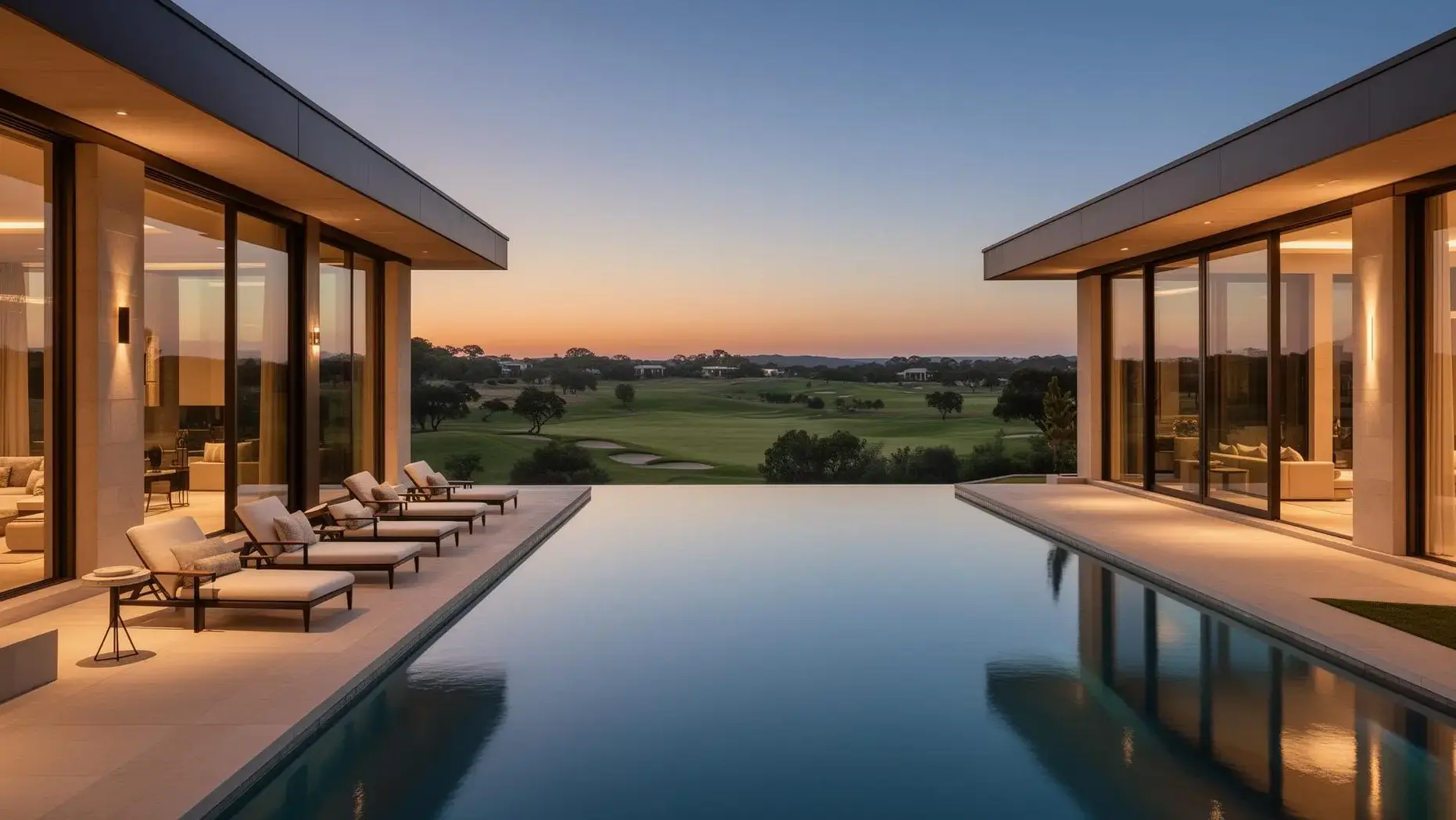 Resort-style pool and outdoor living space at twilight