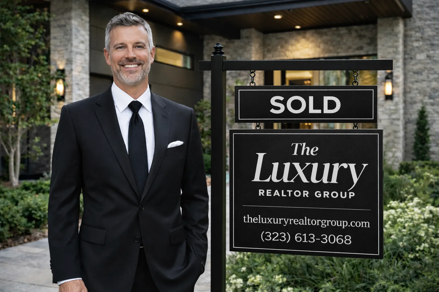 The Luxury Realtor Group agent with SOLD sign in front of Atlanta luxury home