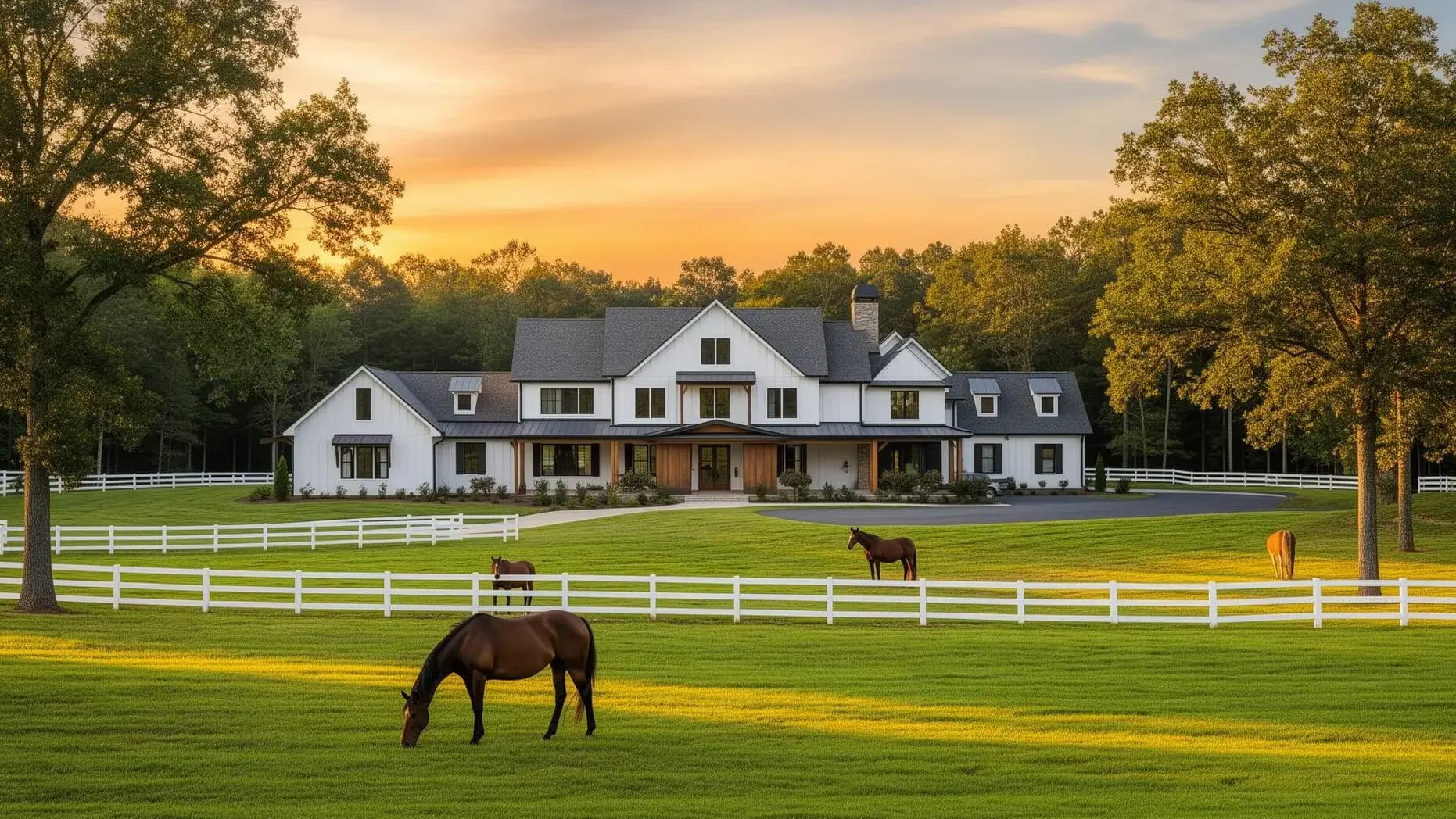 Modern farmhouse equestrian estate with horses grazing in Milton, Atlanta