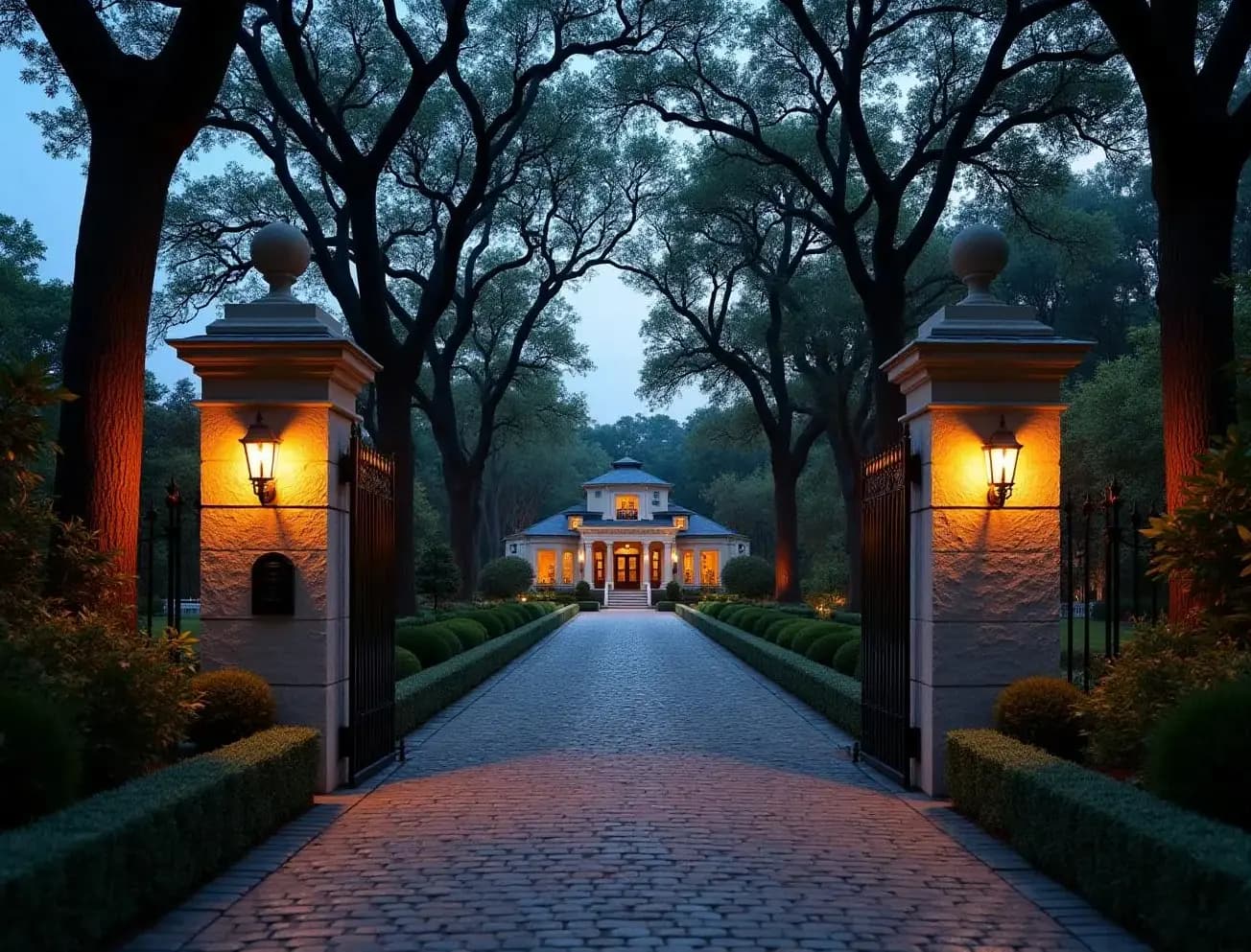 Private estate gate at dusk representing confidential Milton transactions