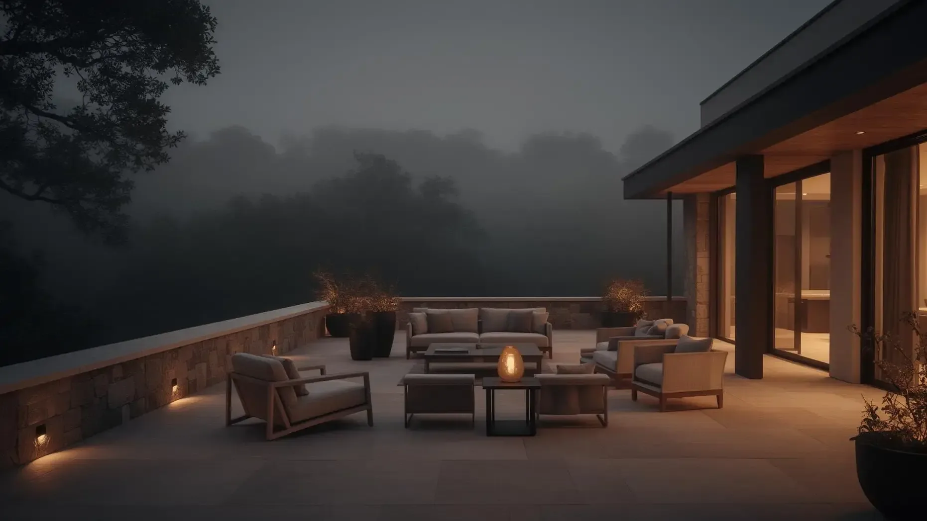 Covered outdoor living with fireplace