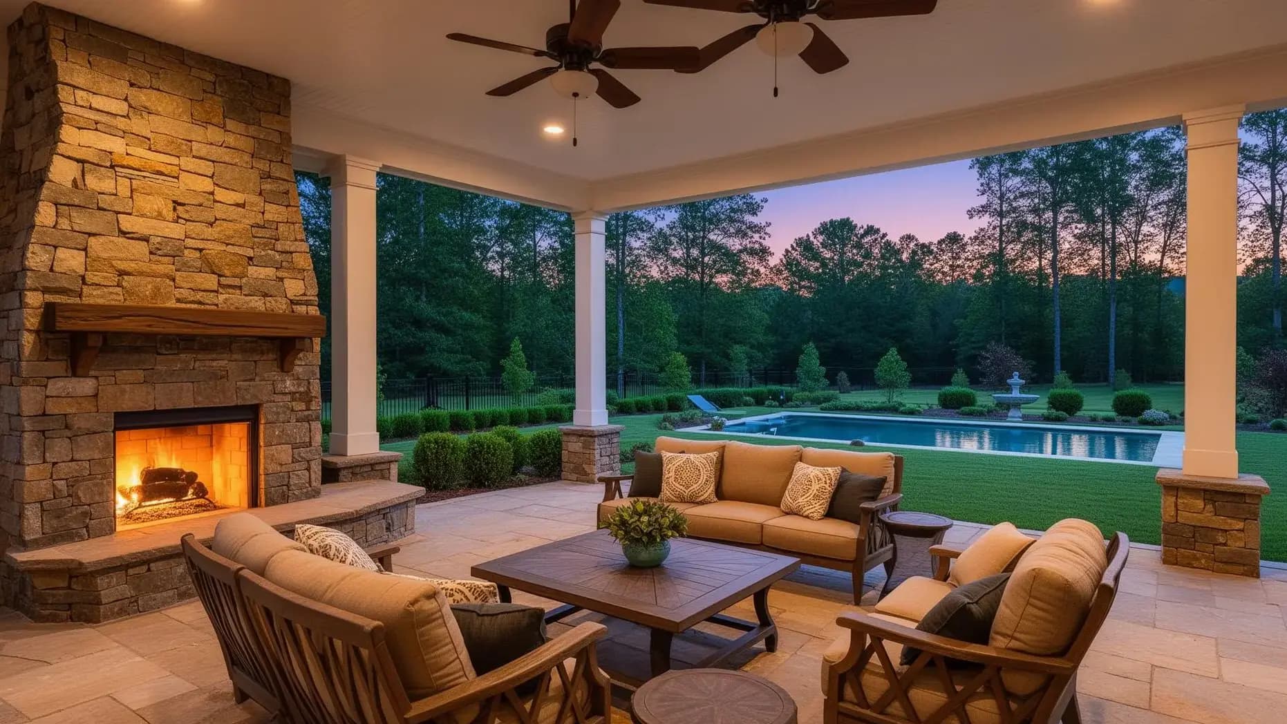 Covered outdoor living space with fireplace at an Atlanta estate