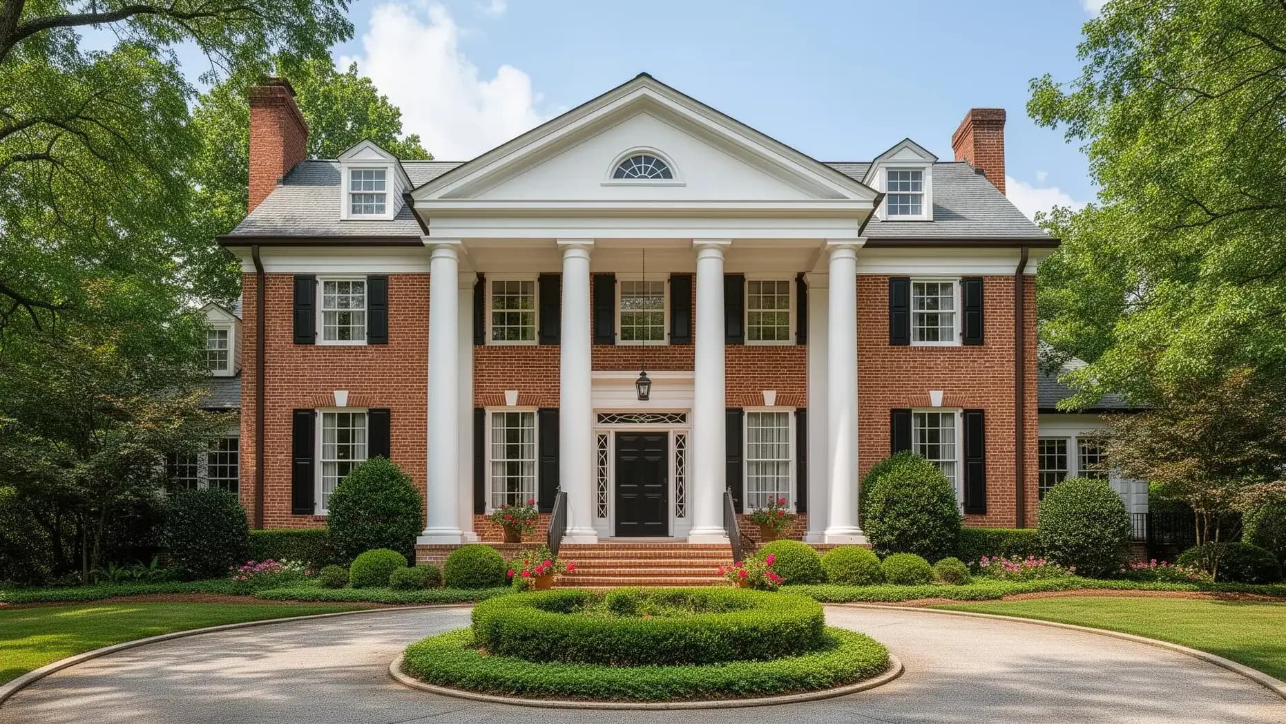 Red-brick Georgian estate with white columns in Druid Hills, Atlanta