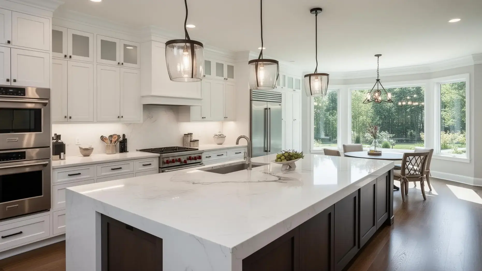 Bright white luxury chef's kitchen with a marble waterfall island and bay-window breakfast nook in an Atlanta home