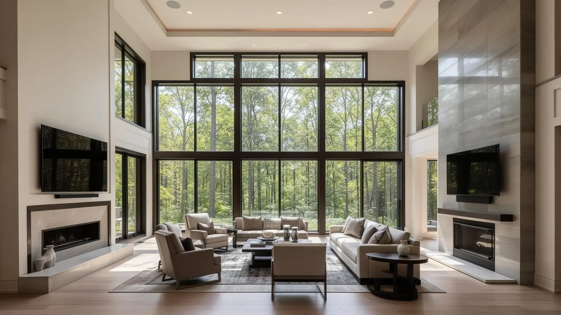 Great room with floor to ceiling windows