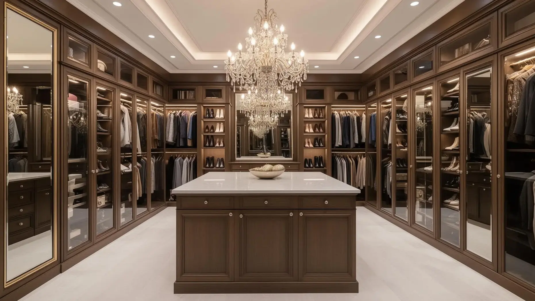 Designer walk-in closet with chandelier