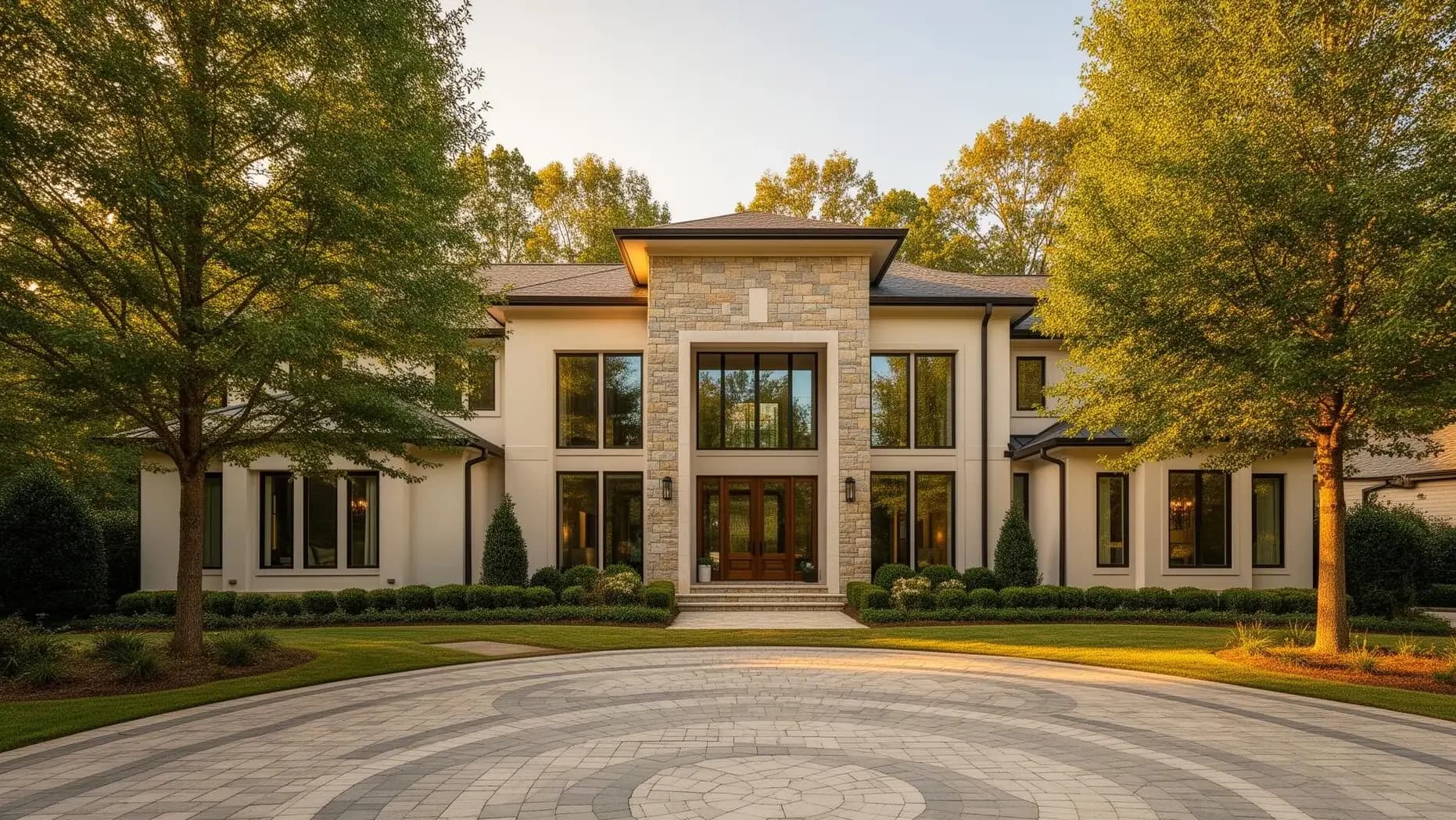 Luxury contemporary home exterior in Sandy Springs, Georgia with stone facade and circular driveway